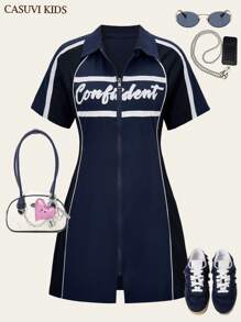 SHEIN 1 pieza Vestido de carreras de cuello polo ajustado para adolescentes niñas, con estampado de gráficos y letras