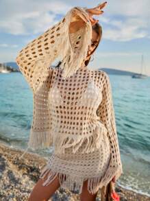 RueChic Women Solid Color Hollow Out Tassel Detailed Cover Up & Sweater Skirt Set - Beige - View 7