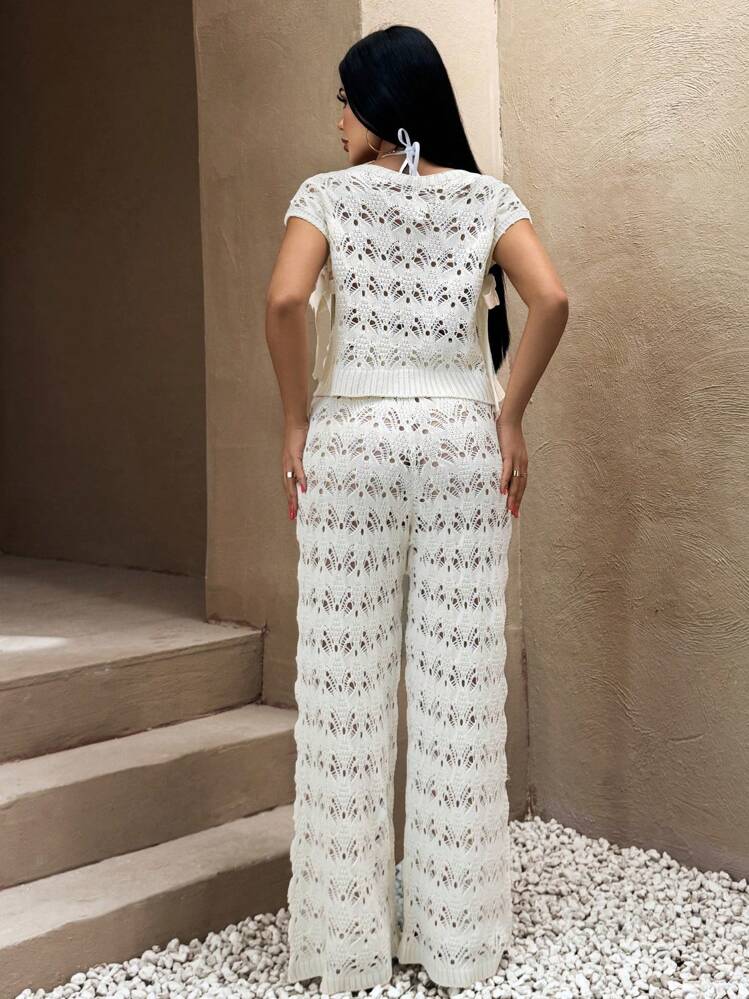 Set da spiaggia due pezzi da donna con maglia larga e pantaloni in maglia coordinati - Beige - Visualizzare 8