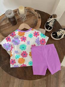SHEIN Conjunto de top de manga corta con cuello redondo y estampado floral lindo y sencillo, y leggings, adecuado para niñas bebés en primavera/verano