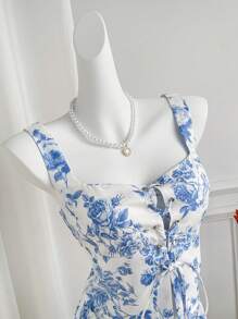 Sweetra Women's Ditsy Floral Sleeveless Crop Top & Drawstring Tie Waist Skirt, Countryside Style Spring/Summer