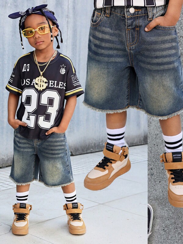 SHEIN SLAYR KIDS Young Boy Summer Retro Vintage Washed Cat Whiskers Raw Edges Loose Fit Blue Denim Shorts,Kids Spring/Summer Clothes Streetwear Outfits And Spring Break Outfit