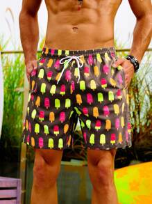 Surfspeed Pantalones cortos de playa con cordón en la cintura y estampado de paletas de hielo para hombres - Multicolor - Ver 3