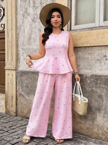 SHEIN LUNE Bộ 2 món áo ba lỗ in nơ sọc thường ngày mùa hè cỡ lớn và quần dài - Màu Hồng baby - Xem 6