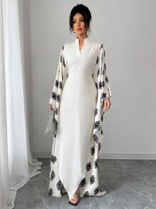 Rafferiza Vestido de Mujer con Estampado Retro Elegante, Cuello Mao, Mangas Murciélago, Cintura Ceñida y Bajo Asimétrico - Albaricoque - Ver 7