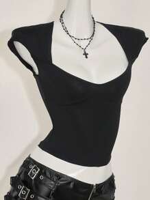 SHEIN ICON Sexy Sweetheart Neck Backless Basic Casual T-Shirt, Moisture Wicking & Breathable, Black,Rave Top - Black - View 6