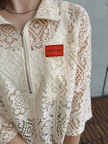 FRIFUL Women's Lace Half Placket Long Sleeve Loose Blouse