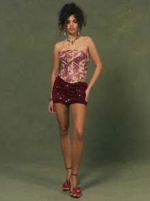 MUSERA Low Rise Textured Sequinned Club Elegant Boho Micro Mini Skirt Cute Sexy Ibiza Fits For Summer Vacation Holiday Forbidden Gardens Chic Party Occasion - Burgundy - View 3