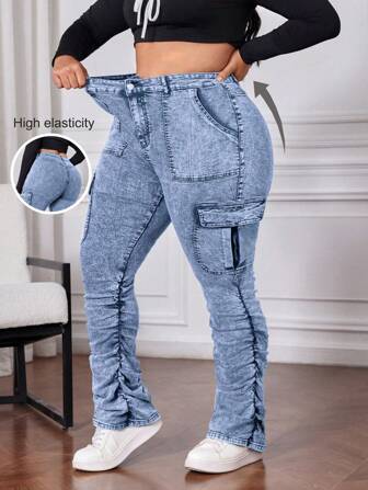 SHEIN CURVE+ 大码女式灰色牛仔弹力哈伦裤