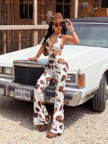 SHEIN EZwear Easter Cow Print Cutout Hollow Neck Knitted Wide Leg Jumpsuit - Multicolor - View 8