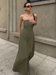 DAZY 女士加大码纯色无袖连衣裙，优雅大方，适合春夏季度假亚麻 - 橄欖綠 - 查看 5