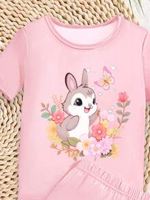 4pcs Baby Girls Cute Rabbit Print Round Neck Short Sleeve Top & Shorts Snug Fit Pajama Sets - Multicolor - View 3