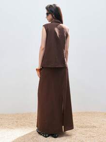 LYSMO Conjunto de 2 piezas de top sin mangas de cuello en V profundo en color marrón sólido y falda midi con bolsillos largos, de tela de lino cómoda, estilo casual de vacaciones, estilo de dinero antiguo, atuendo de viajero urbano, uso diario, uso de oficina.