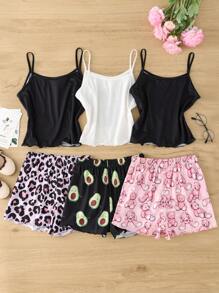 Dozemod 6 件 Tween Girl 可爱简约熊、牛油果、豹纹图案无袖上衣和宽松休闲短裤睡衣套装 - 彩色 - 查看 2