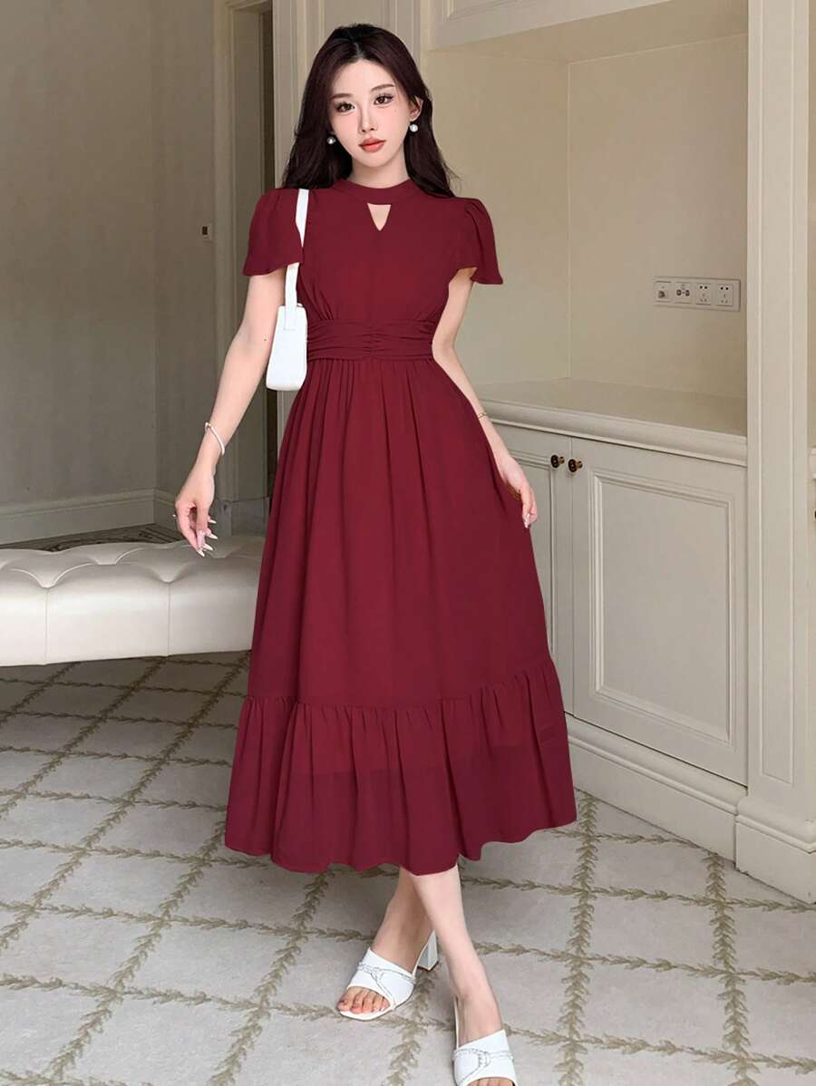 DAZY 女士纯色短袖镂空极简连衣裙,适合夏季舞会、吊带裙、休闲女装、返校季服装,红色女装,优雅女装 - 酒紅色 - 查看 1