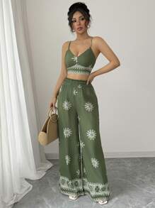 Elenzga 2pcs/Set Women Green Floral Print Camisole Tank Top & Casual Long Pants Suit, Holiday Style