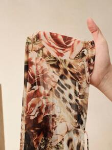 Anewsta 女士优雅现代领豹纹性感系带前收腰半透明优雅雪纺 T 恤上衣，适合夏季、假日、优雅、节日、度假、休闲 - 棕色 - 查看 8