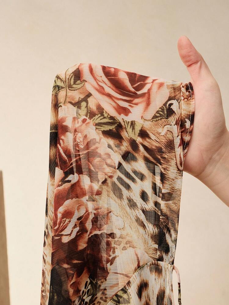 Women Elegant Modern Collar Leopard Print Sexy Tie Front Cinched Waist Semi Sheer Elegant Chiffon T-Shirt Blouse Tops, Suitable For Summer, Holiday, Elegant, Festival, Vacation, Casual