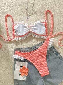 Swim Mod 粉色格子荷叶边细肩带吊带女式泳衣套装，可爱的夏季沙滩装