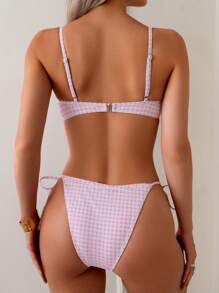 Swim Mod Women's Summer Plaid & Stripe Print Contrast Lace Trim Casual Beach Swimwear Set - Pink - View 2