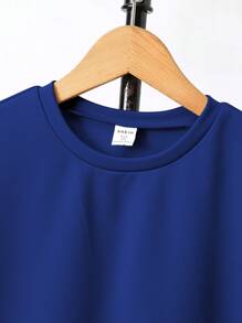 SHEIN 青少年男童休闲纯色短袖上衣和短裤两件套，夏季 - 藍色 - 查看 5