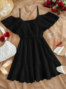 SHEIN Clasi 优雅女士白色纯色刺绣荷叶摆领吊带收腰 A 字裙，春夏连衣裙，适合各种场合穿着 - 黑色 - 查看 8