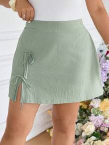 SHEIN Frenchy Falda casual de talla grande con lazo, cintura con cordón y dobladillo hendido en chifón
