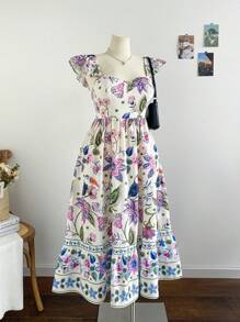 Dreamara Gaun Panjang WYWH Casual Vacation Multi-Color Positioning Flower Flutter Sleeves Back Tie Plus Size - MultiWarna - View 7
