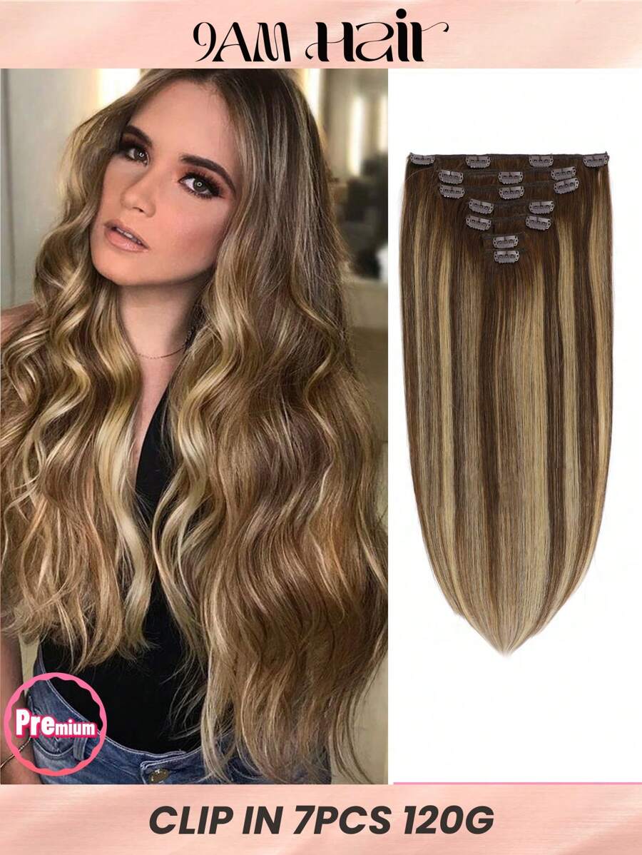 Tóc giả kẹp HQ làm từ tóc thật, 120g, 7 chiếc tóc giả kẹp, tóc giả kẹp màu ombre - S4/27/4 - Xem 1