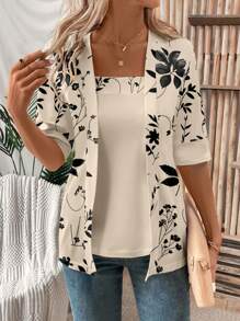 EMERY ROSE Áo thun nữ mùa hè họa tiết lá hoa chắp vá 2 trong 1 Áo thun họa tiết áo thun nữ - Màu be - Xem 4