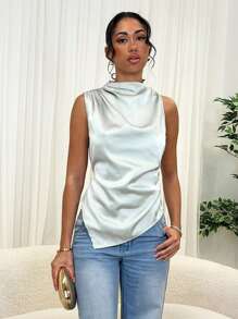 Glamine Blusa in raso finitura satinata color verde salvia con dettagli plissettati, elegante per primavera/estate, resort, invito a matrimonio, pendolarismo semplice, laurea, estate
