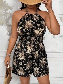 Breezaya Plus Size Women Holiday Floral Print Tie-Front Halter Romper - Black - View 3