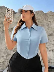 SHEIN EZwear Women's Versatile Solid Color Woven Casual Blouse - Blue - View 4