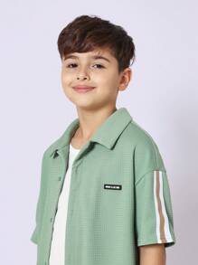 SUMWON Tween Boys Sage Green Waffle Knit Summer Two-Piece Set With Retro Stripes Shirt And Shorts Casual Athletic Comfortable Matching Set - Green - View 5