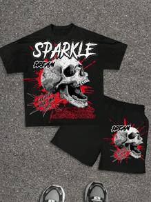 SHEIN 2pcs/Set Teen Boys Casual Short Sleeve T-Shirt And Shorts Set, Streetwear Punk Rock College Leisure Outfit For Party, Music Festival, Suitable For Spring & Summer. Skull English Print, Black - Red - View 1