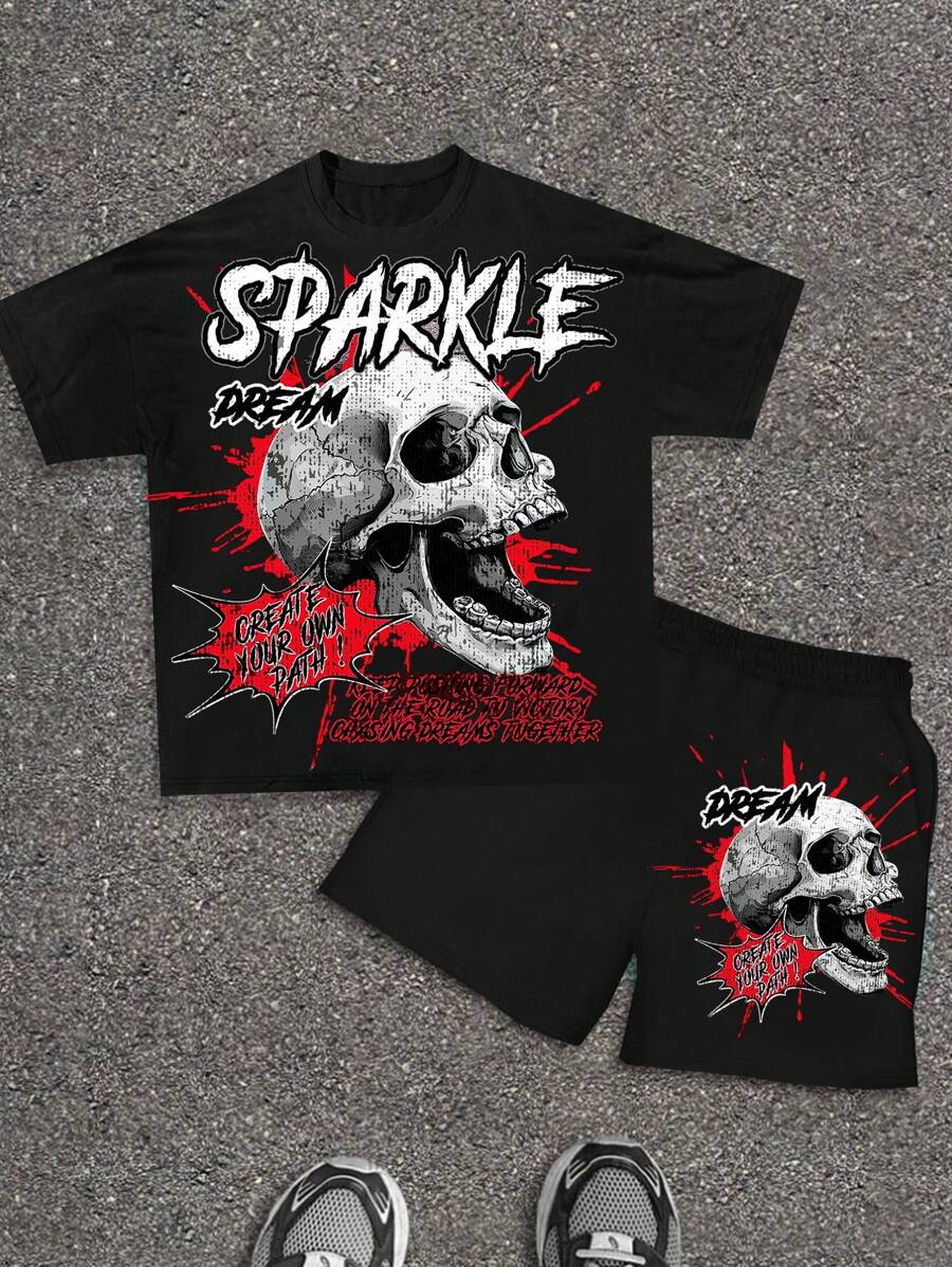 SHEIN 2pcs/Set Teen Boys Casual Short Sleeve T-Shirt And Shorts Set, Streetwear Punk Rock College Leisure Outfit For Party, Music Festival, Suitable For Spring & Summer. Skull English Print, Black - Red - View 1