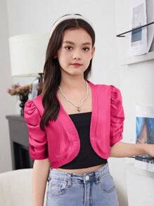 SHEIN Leap Crew Áo khoác len ngắn tay màu trơn giản dị cho bé gái tuổi mới lớn - Màu Hồng Tươi - Xem 1