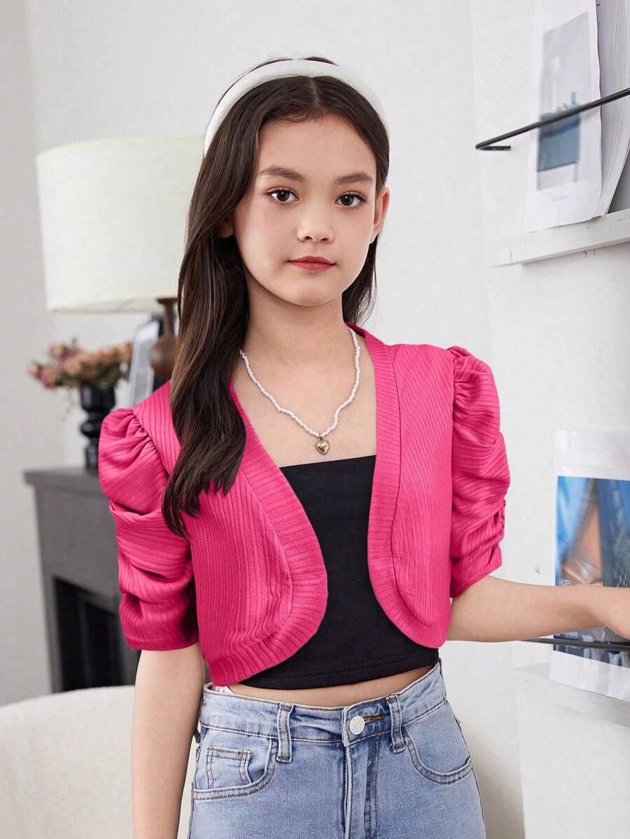 SHEIN Leap Crew Áo khoác len ngắn tay màu trơn giản dị cho bé gái tuổi mới lớn - Màu Hồng Tươi - Xem 1