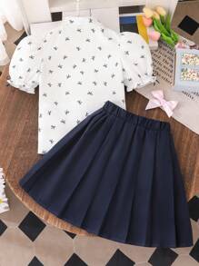 少女甜美蝴蝶结衬衫和百褶迷你裙套装 - 藏蓝色 - 查看 2