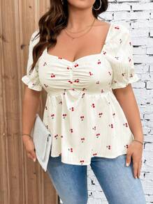 SHEIN LUNE Elegante Bluse mit Kirschprint in Große Größen für Frauen mit kurzen Ärmeln