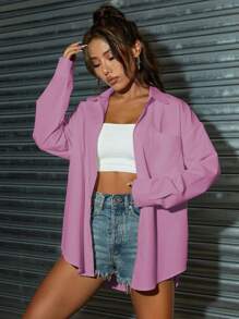 SHEIN LUNE Áo sơ mi dài tay màu sáng đơn sắc mặc thường ngày/đi làm cỡ lớn - Hồng - Xem 6