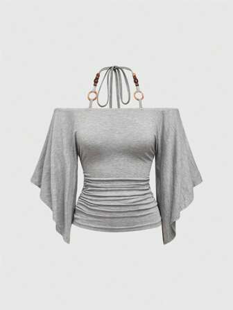 Maglietta da donna vintage, ampia, con spalle scoperte, decorata con perline in legno, maniche a pipistrello