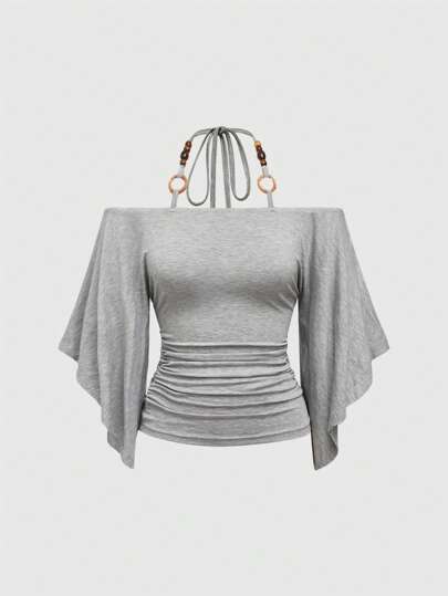 Maglietta da donna vintage, ampia, con spalle scoperte, decorata con perline in legno, maniche a pipistrello