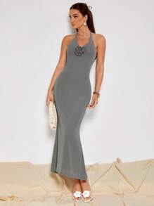 COSMINA Women's Solid Color Floral 3D Decor Deep V-Neck Dress - Light Grey - View 5