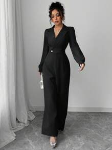 INAWLY 优雅通勤纯色灯笼袖连体裤 - 黑色 - 查看 4