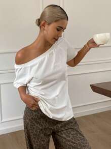 Livesso Blusa de hombros descubiertos con diseño sin tirantes, camiseta de manga corta para mujer