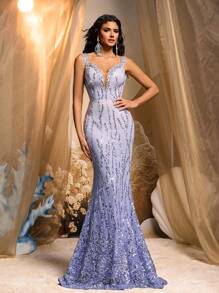 Glamrae 优雅紫色渐变奢华全亮片深 V 领鱼尾裙，带可拆卸尾部，正式晚礼服，派对礼服，婚礼宾客礼服，晚礼服 - 紫色 - 查看 4