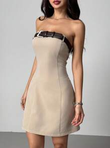 SHEIN EZwear 女士优雅纯色露肩迷你连衣裙，夏季 - 卡其色 - 查看 3