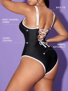 SHEIN Swim 1pc Tummy Control Women Sports Swimsuit, Elegant Casual Daily Wearable Backless Hollow Pushup Black/White Swimwear, For Beach Resort, Spring/Summer - Black and White - View 3