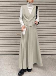 FRIFUL Women Two Pieces Casual Set - Solid Color Double-Breasted Vest And Midi Skirt - Beige - View 1